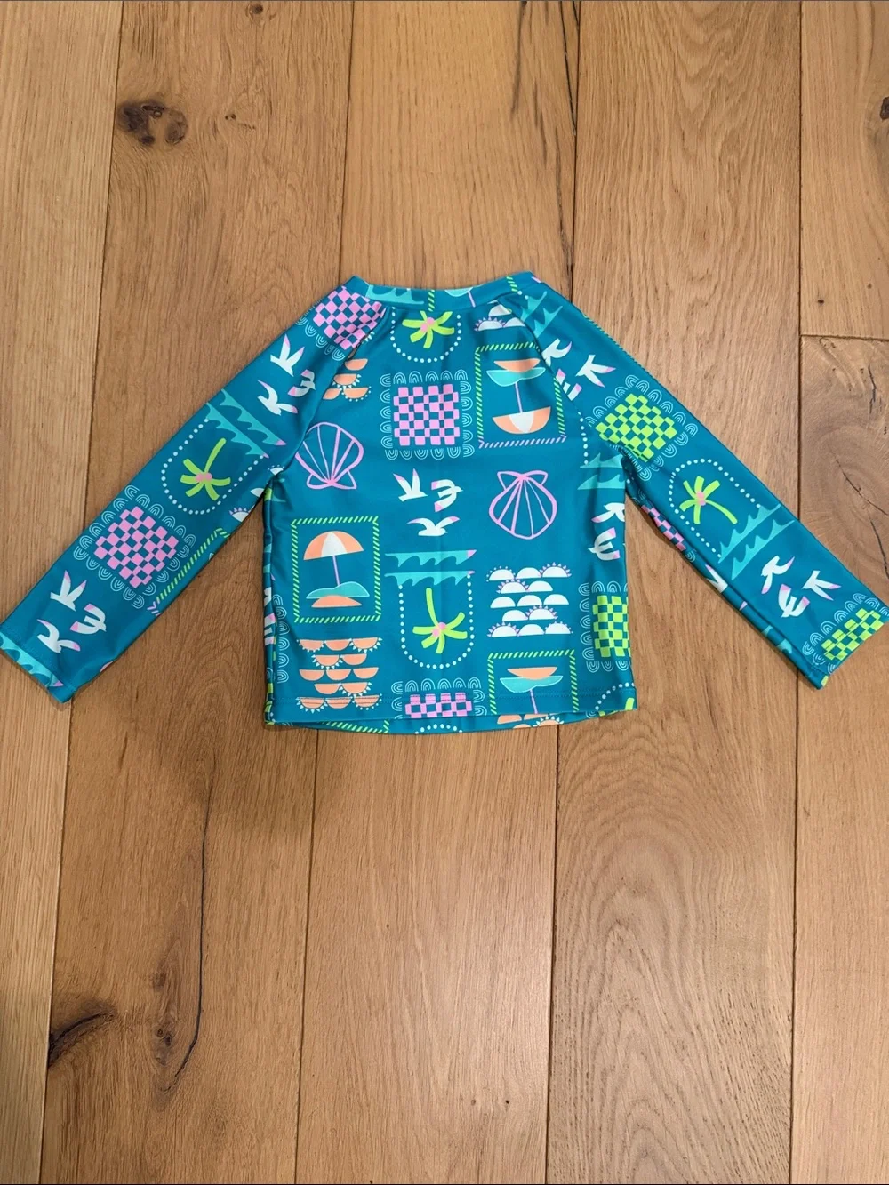 Cat & Jack Teal Long-Sleeve Rashguard with Multicolor Beach Motifs